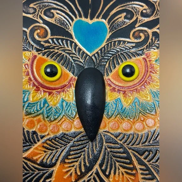 Blue Heart Owl Cross-body Purse Hand tooled Leather Multicolored - Picture 4 of 16